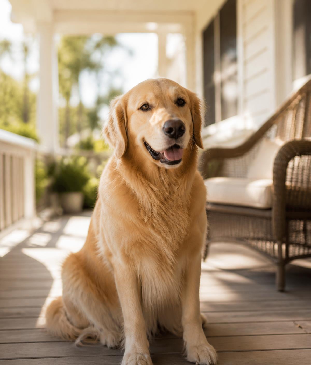 A golden retriever sitting on a sunlit porch