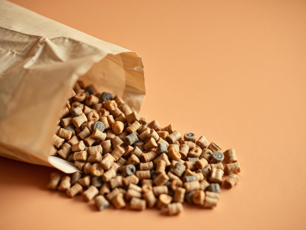 Dry pet food spilling from a paper bag
