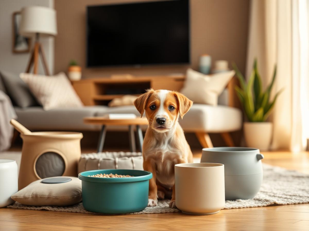 A puppy sitting among modern pet supplies