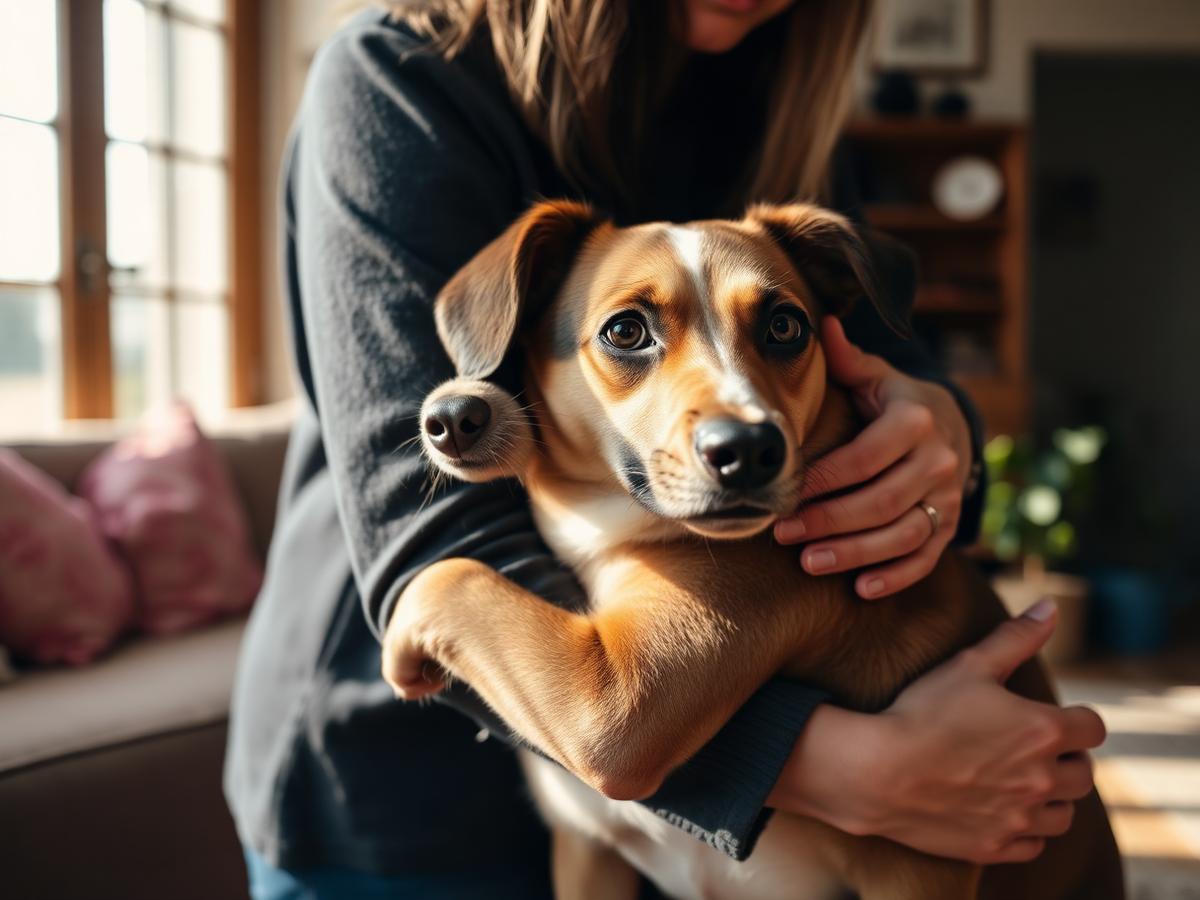 A person hugging a rescued mixed-breed dog at home